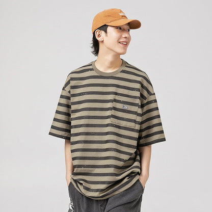 Bonsir Summer New Retro Striped Men's T-shirt Japanese Pocket Round Neck Tops Casual Personalized Tops Men's Loose Comfortable Clothing