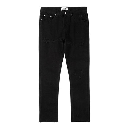 Bonsir Ripped Hole Distressed Black Blue Washed Men's Jeans Straight Casual Baggy Pockets Pencil Pants Streetwear Loose Denim Trousers