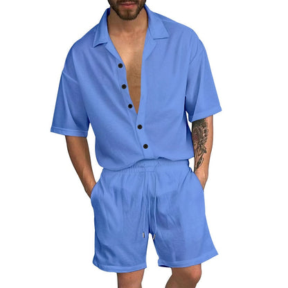 sanyamk Summer Two Piece Mens Sets Solid Color Loose Short Sleeve Lapel Button Shirt And Shorts Suits Men Streetwear Casual Outfits