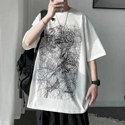 Bonsir Couple Large Size Loose Abstract Thread Character Short Sleeve T-Shirt Men's High Street Hip Hop Cotton White T-Shirt Top M-5XL