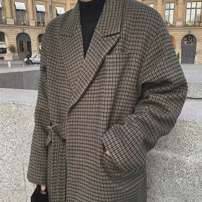 Bonsir Men's Houndstooth Plaid Woolen Coat Autumn Winter Korean Version Loose Trendy Elegant Retro Mid-Length Thickened Simple Coat