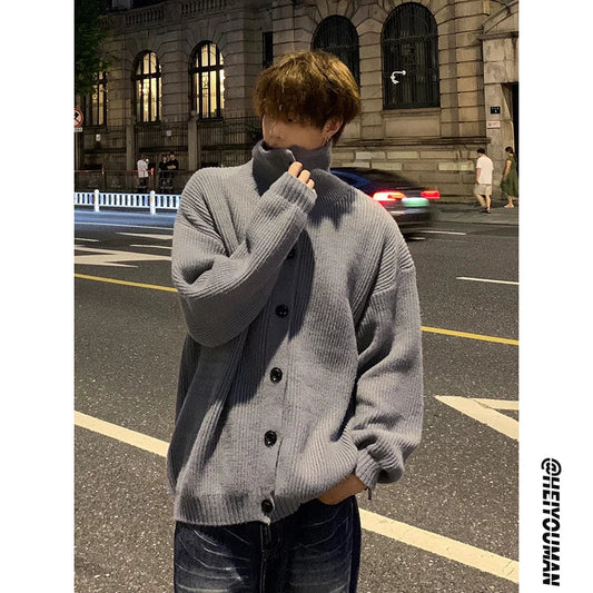 sanyamk Solid Cardigan Sweater Men Korean Lazy Leisure Knitted Sweaters Hip Hop Streetwear Loose Simple Knitwear Coat Male Clothes