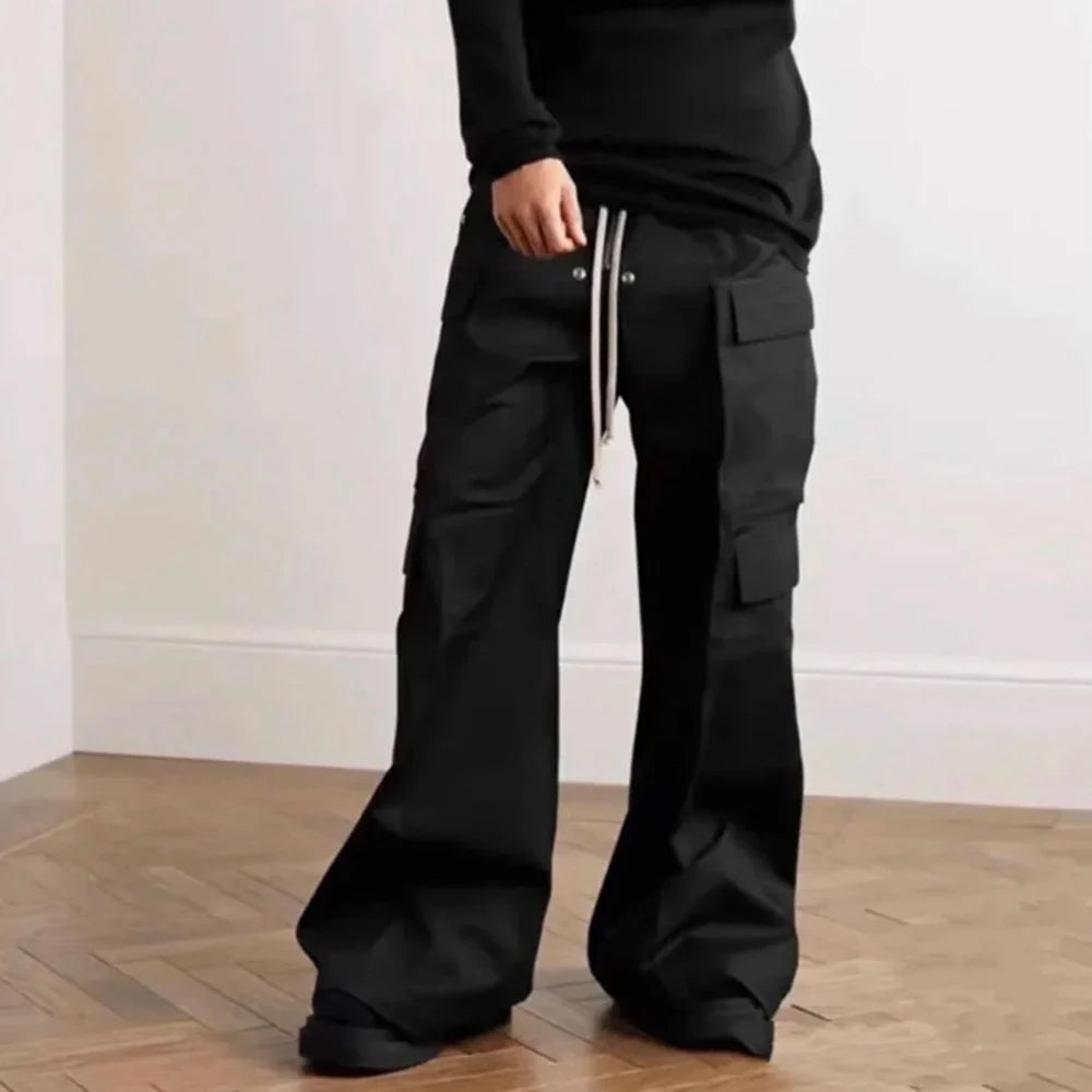 Bonsir Wide Leg Drawstring Black Cargo Pants Unisex Straight Baggy Casual Overalls Men's Streetwear Loose Oversized Trousers