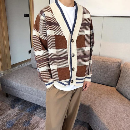 Bonsir Winter Korean Fashion Simple High Quality Plaid Knitted Cardigan Men Loose Casual Diamond Sweater Male Retro Casual Cardigan