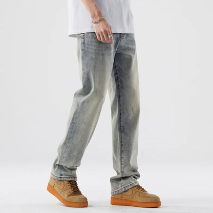 sanyamk New Vintage Aged Wash Loose Jeans Men's Straight Nostalgic Blue Pants Trend for Spring and Summer