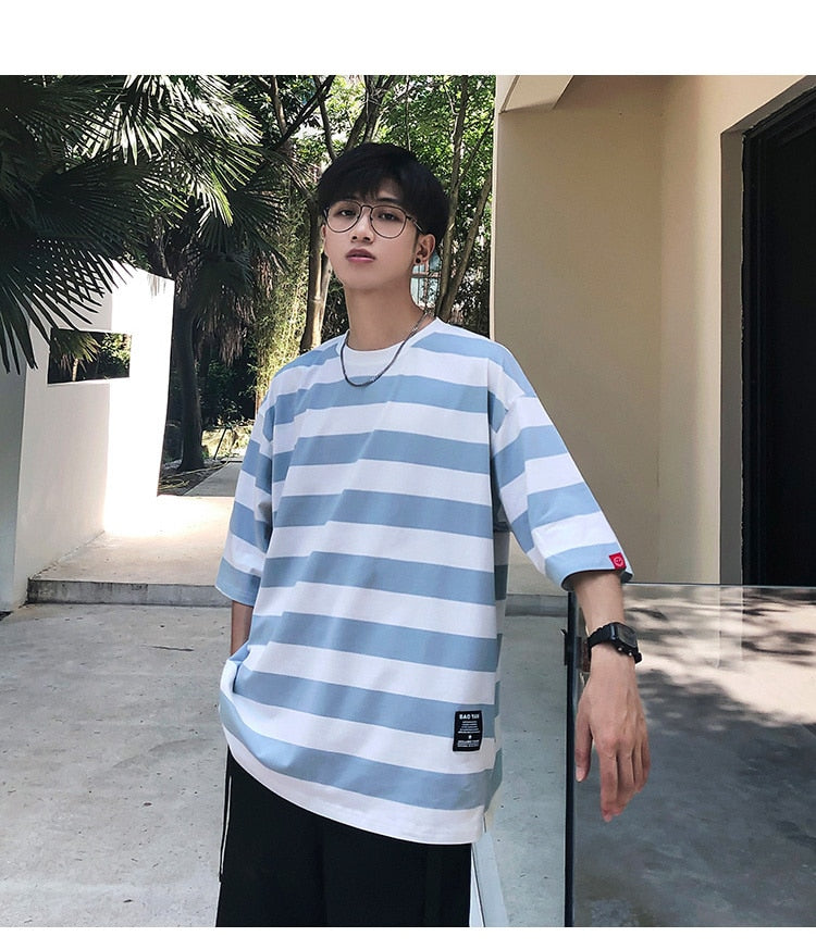 Bonsir New stripe Mens T Shirt Cotton  Summer  Male Oversized Tee Shirts 5XL Big Size Japanese Harajuku street Fashion Clothing