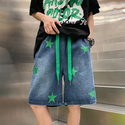 sanyamk Men's Street Hip-hop Denim Shorts Fashion Brand Star Print Loose Wide Leg Capris Summer Versatile Fashion Casual Pants