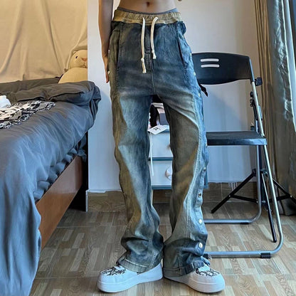 sanyamk Men's American Street Hip Hop Jeans Drawstring Denim Causal Pants Tide Wash Retro Loose High-quality Trousers Size S-3XL