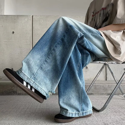 sanyamk Autumn New Tie-dye Buttons Streetwear Baggy Jeans Men Loose Mopping Pants Men's Hip Hop Casual Denim Pants Male Straight Blue