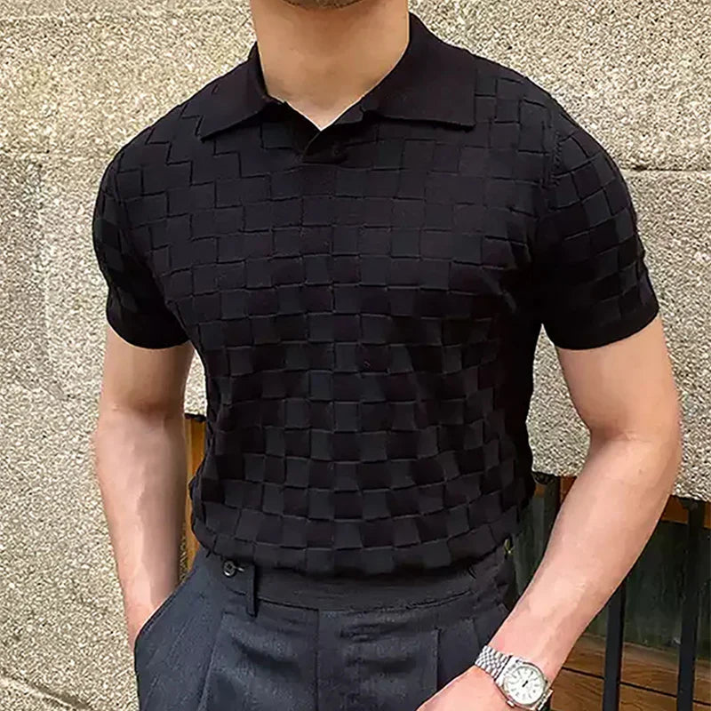 sanyamk Vintage Plaid Jacquard Knitted Polo T Shirts Men Summer Casual Breathable Thin Knit Tops Mens Knitwear Fashion Slim Polo Shirts