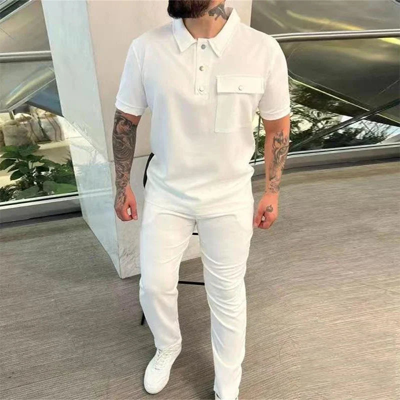 sanyamk Casual Short Sleeve Button Shirts & Work Pants Sets Summer Turn Down Collar Solid Two-piece Tracksuit Men Clothing Outfits