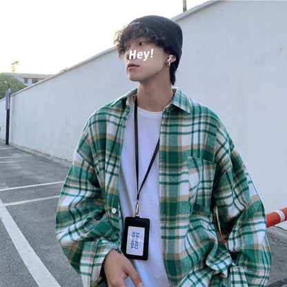 sanyamk Autumn Thick Woolen Shirt Men Fashion Retro Casual Oversized Plaid Shirts Mens Korean Blue/Green Loose Long-sleeved Shirt Men