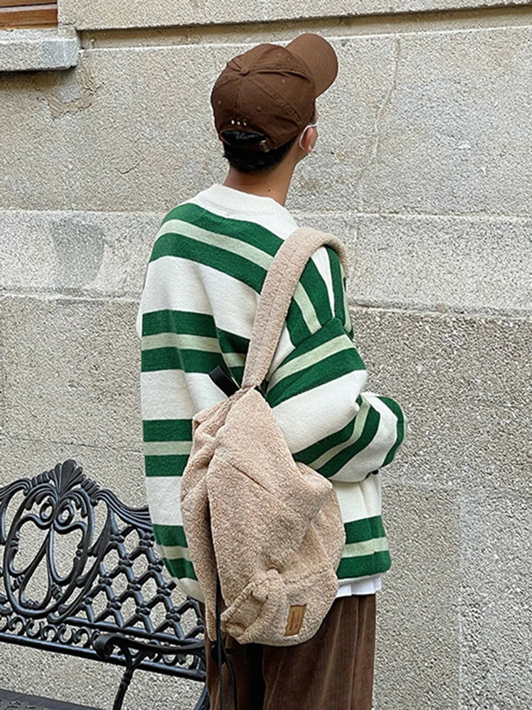 sanyamk -  Green Loose Stripe Design Casual Sweater New Autumn Winter Korean Tide Men's Round Neck Kintting Tops Cvintage 2A0224