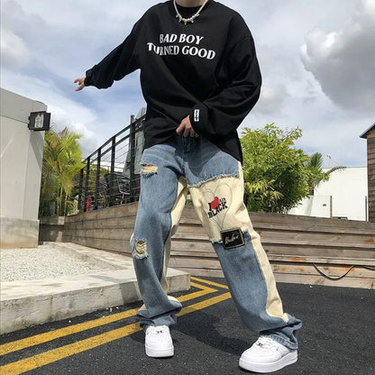 sanyamk Vintage Patchwork Hip Hop Mens Pants American Retro Designer Ripped Jeans Y2k Streetwear Loose Male Daily Casual Baggy Trousers