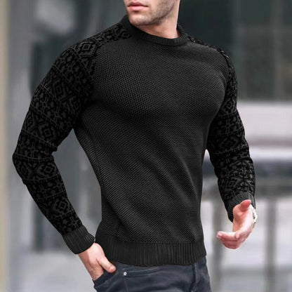 Bonsir Vintage Pattern Patchwork Long Sleeve Sweater Men Autumn Fashion Crew Neck Knitted Tops Pullover Mens Casual Slim Knit Sweaters