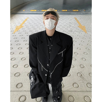 sanyamk Oversized Black Blazer Men High-end Fashion Leisure Suit Jackets Multi-zippers Male Streetwear Casual Korean All-match Suit