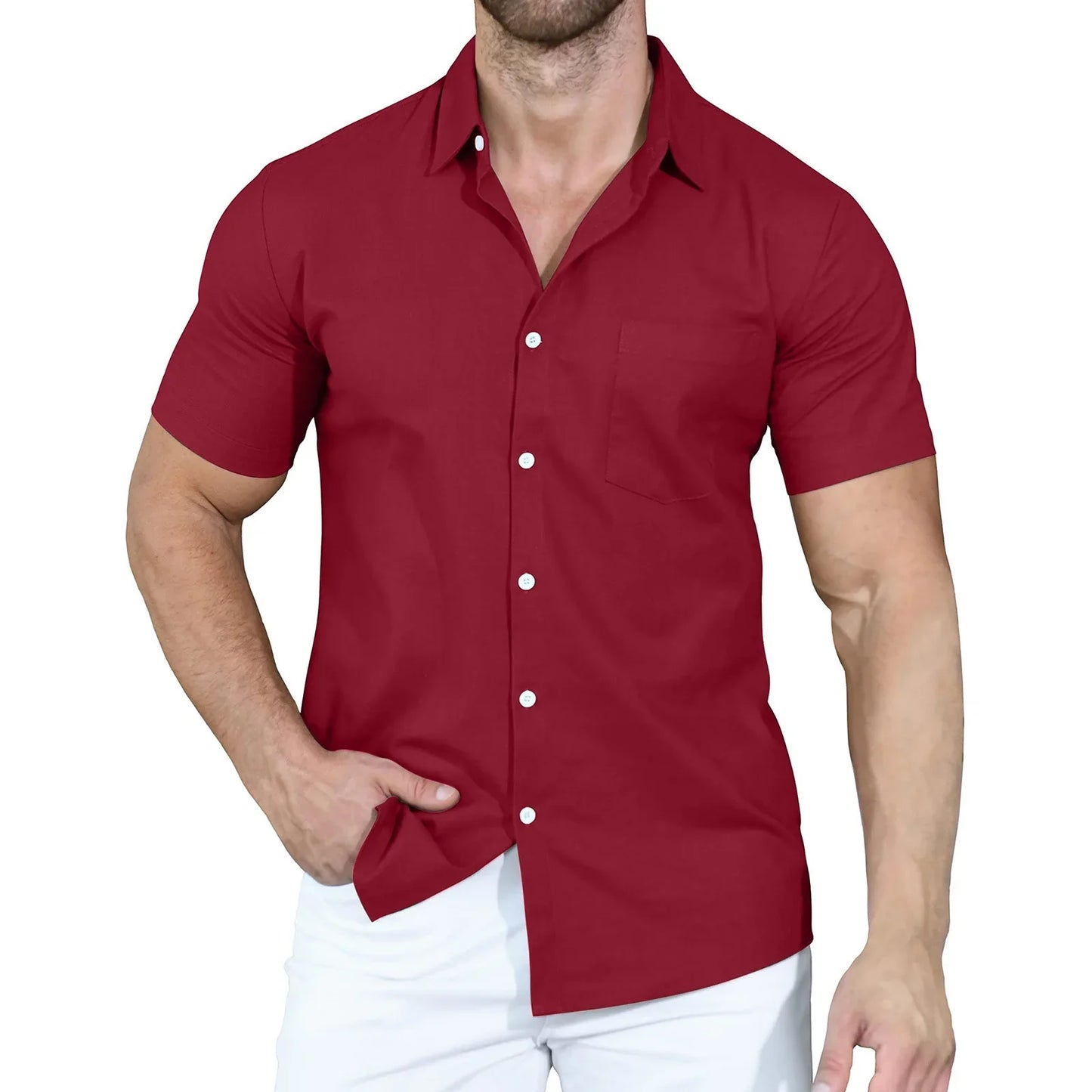 sanyamk 2024 Summer New Men's Shirts Cross border Solid Color Polo Button Loose Short Sleeve Shirt for Men