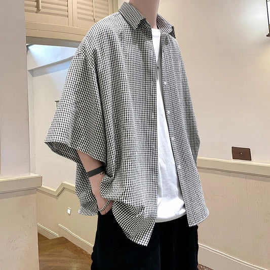 Bonsir Shirt man fashion Streetwear Casual Plaid Shirt Men'S Half Sleeve High Quality 2024 Loose Spring Summer Fashion Chemise Homme