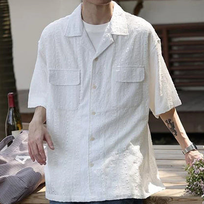 sanyamk Men Clothing 2024 Summer Vintage Simple Casual Cuban Collar White Shirt Y2K Fashion Embroidery Hollow Short Sleeve Pockets Tops