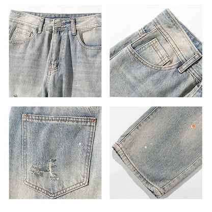 BONSIR  -  New Ripped Jeans Man Pants Colored Paint Dots Long Straight Casual Denim Trousers Fashion Oversized Streetwear Clothing Men