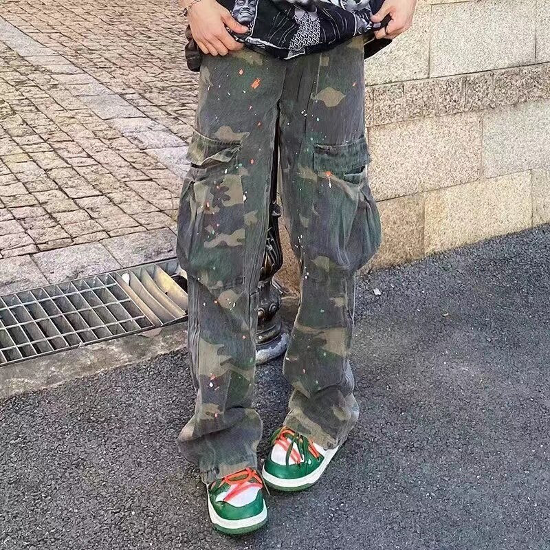 sanyamk Men's Streetwear Camouflage Printing Casual Pants Washed Hiphop Style Trousers Slim Fit Green Color Sweatpants Size S-4XL