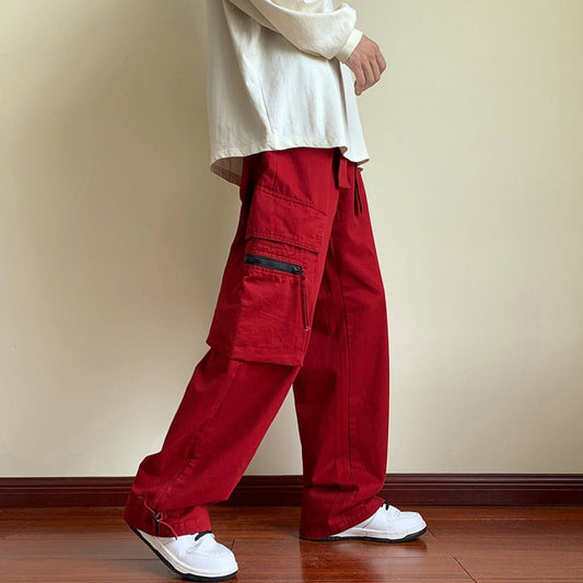 Bonsir Red Black Cotton Cargo Pants Men Fashion Pocket Casual Pants Men Japanese Streetwear Hip Hop Loose Straight Pants Mens Trousers