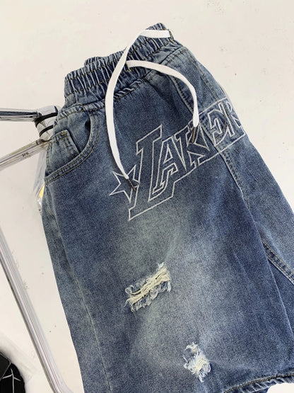Bonsir Men's Denim Shorts Letter Embroidery Ripped Hole Short Jeans Women Wide Leg Shorts Hip Hop Drawstring Vintage Denim Pants Summer