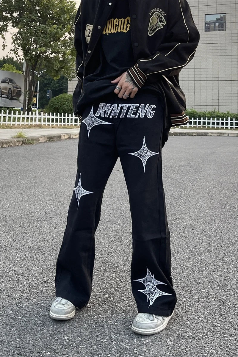 sanyamk Fashionable American street letter embroidery straight tube loose denim pants for men and women high street trendy casual pants