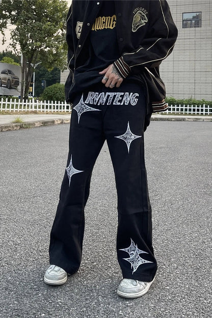 sanyamk Fashionable American street letter embroidery straight tube loose denim pants for men and women high street trendy casual pants