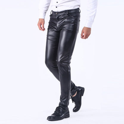 Bonsir Men's Leather Pants Spring Autumn Slim Fit Elastic Style Male Fashion PU Leather Trousers Moto Pants Solid Color Casual Bottoms