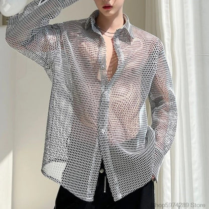 sanyamk Transparent Mesh Shirt Hollow Out Jacket Personality Breathable Youth Fashion Long Sleeve Tops Men Lapel Party Clubwear