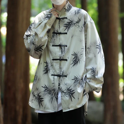 sanyamk Men's Tie-dye Long Sleeve Shirt Spring New Chinese Style Dial Buckle Stand Collar Loose Casual Han Tang Traditional Clothing