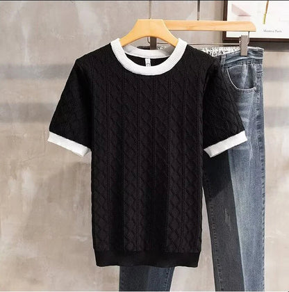 sanyamk Fashion Jacquard Knitted T-shirts For Men Summer short sleeved O-neck Contrast Color Patchwork Thin Tee Tops Casual Knitwear