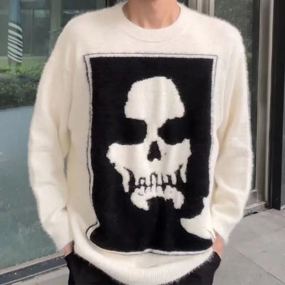 sanyamk Y2k High Street Skull Jacquard Sweater For Men And Women Autumn And Winter New Loose Couple Knitted Sweater Tops