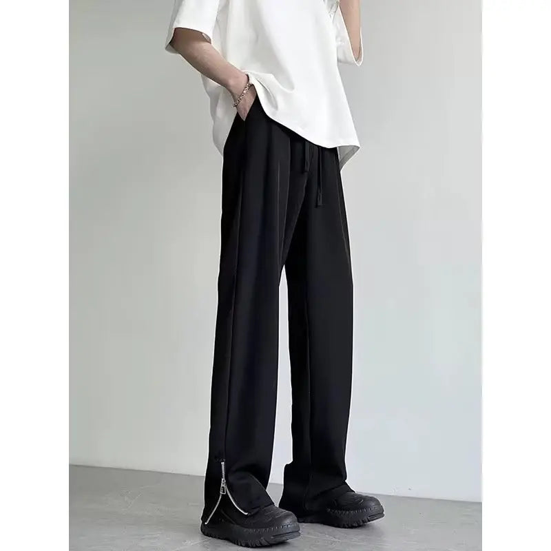 Bonsir Sid-Slit Pants Men Solid Simple Japanese Style Fashion Wide Leg All-match Pockets Harajuku Leisure Streetwear Baggy Pantalones