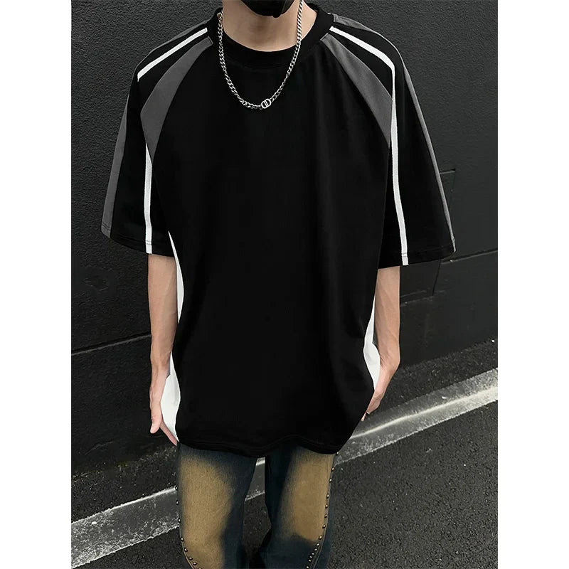 Bonsir Summer Cotton Short Sleeved T-shirt Men Oversized Casual Striped T Shirt Men Streetwear Korean Loose Round Neck T Shirt Mens Top