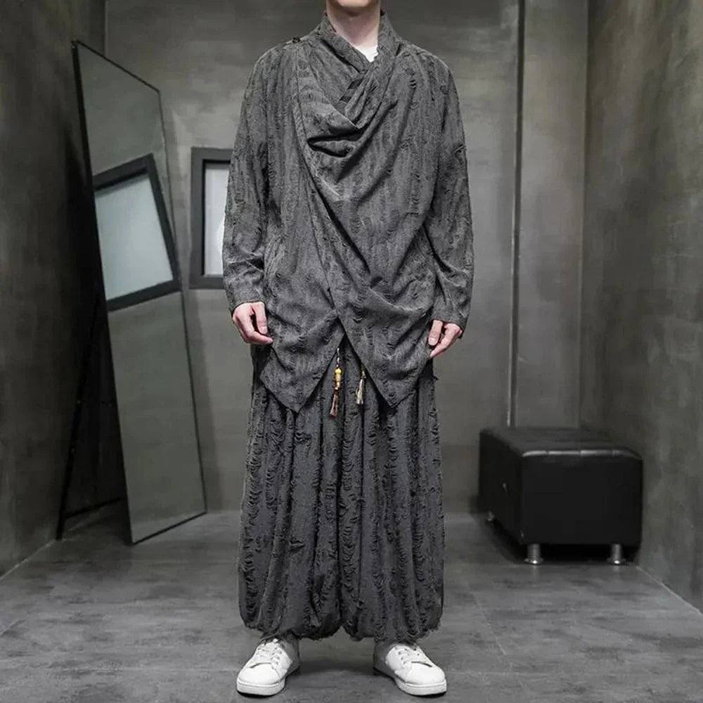 sanyamk Mens Chinese Style Distressed Hole Long-Sleeved Cloak Autumn Genderless Fashion Irregular Retro Zen Taoist Robe Top Unisex