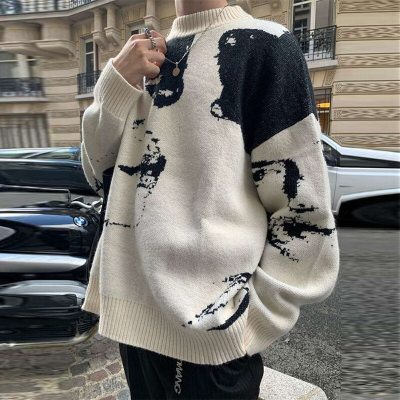 Bonsir Streetwear Men Sweater Fashion Jacquard Loose Knit Pullovers Autumn Winter Mens Casual Long Sleeve O Neck Sweaters Knitting Tops