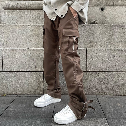 sanyamk High Street Ankle Zipper Multi-pocket Solid Color Cargo Pants Men's Retro Hip Hop Straight Baggy Casual Trousers Oversized