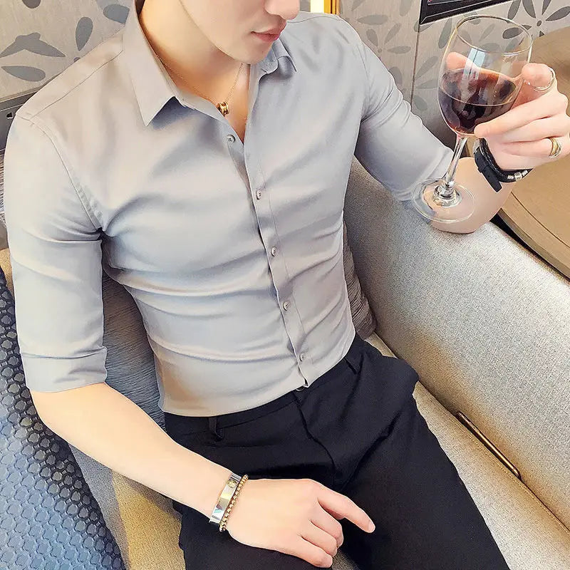 sanyamk Spring Summer Korean Fashion Polo-neck Solid Color Shirt Hombre 3/4 Sleeve All-match Bottoming Cardigans Top Men Casual Blouse