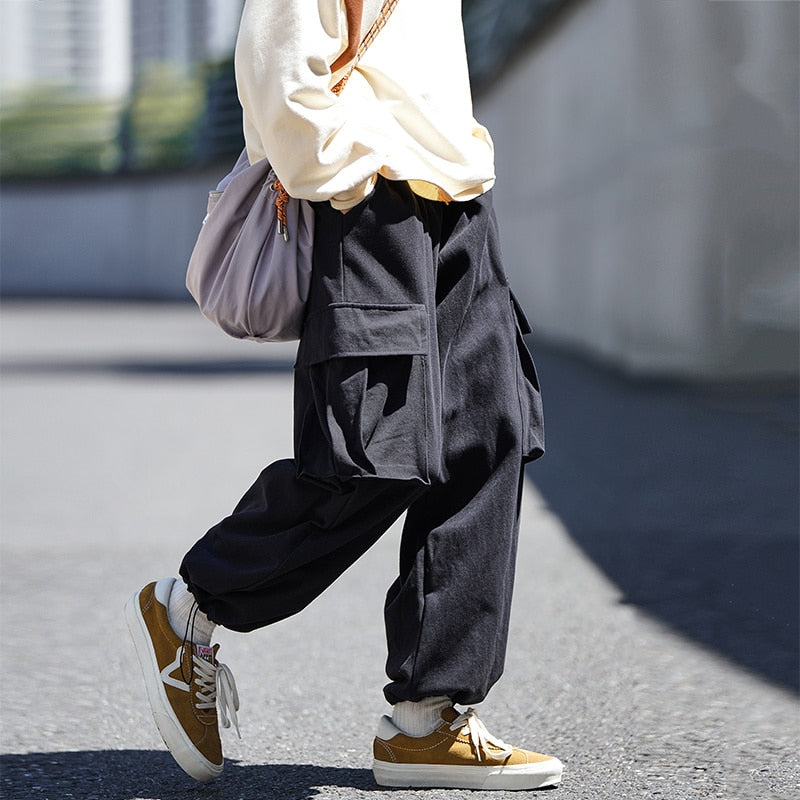 Bonsir Large Pockets Men's Cargo Pants Drawstring Loose Fashion Streetwear Male Trousers Harajuku Solid Color Pants