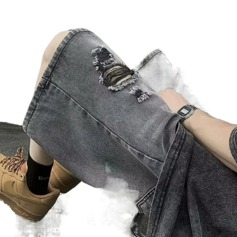 sanyamk American Street Vibe Men's Summer Loose-fit Denim Shorts Trendy Brand Vintage Ripped Shorts For Casual Wear