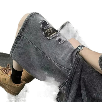 sanyamk American Street Vibe Men's Summer Loose-fit Denim Shorts Trendy Brand Vintage Ripped Shorts For Casual Wear
