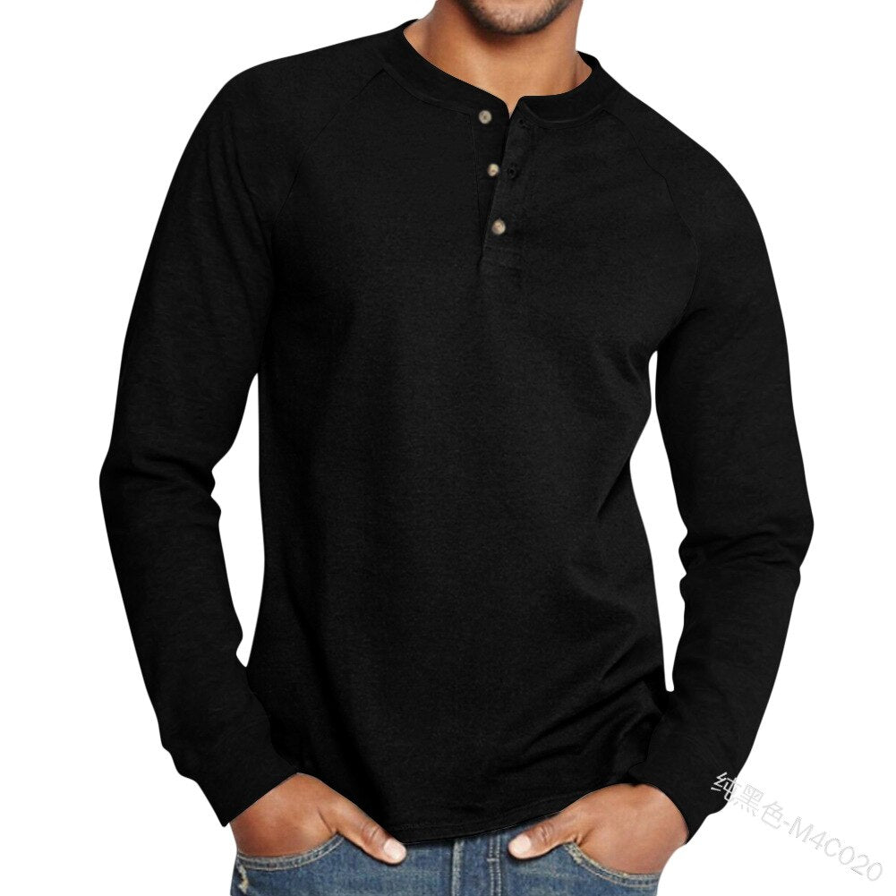 Bonsir Men's T-shirt Top Spring Autumn Fashion Solid Color Buttons Pullover T-shirt Women's Casual Long Sleeve Round Neck Loose T-shirt