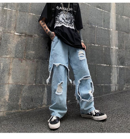 Bonsir High Street Dark Personality Destroys Raw Edge Fake Two Trendy Jeans Ripped Harajuku Punk Wide-leg Straight Denim Pants Black