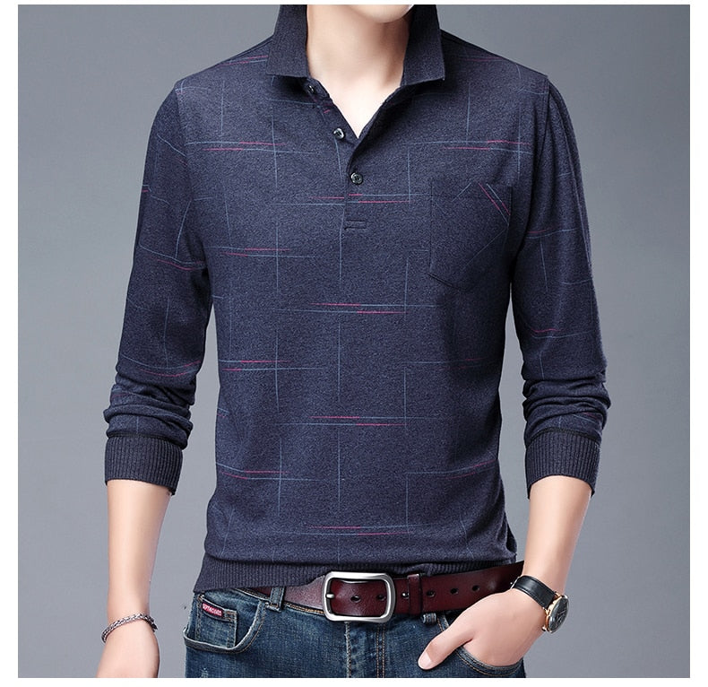 sanyamk 2022 New Fashion Designer Brand Turn Down Collar Man Polo Shirt Men Casual Plaid Spandex Long Sleeve Tops Fall Men Clothing