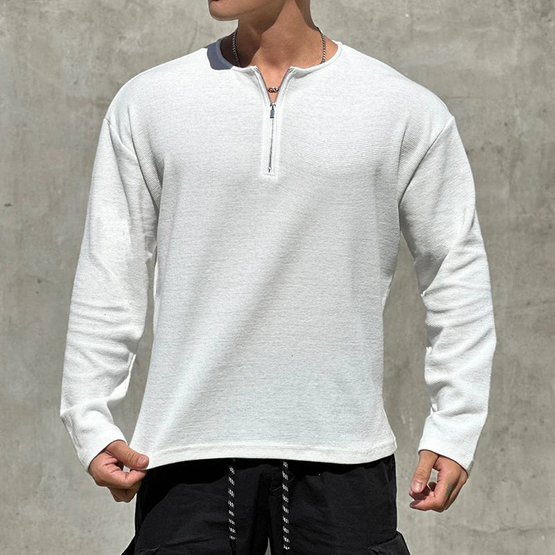 sanyamk  -  Men Clothing Casual Long Sleeve Muscle Male Pullover Simple Waffle Tops Tee t-shirt Vintage Solid Zipper Loose Gym Shirts