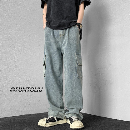 Bonsir Blue/Black Baggy Jeans Men Fashion Oversized Pocket Cargo Jeans Men Streetwear Hip Hop Loose Straight Denim Pants Mens Trousers