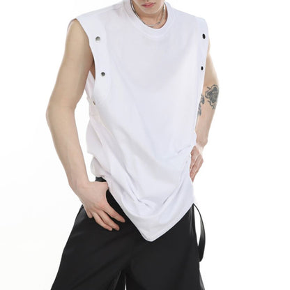 Bonsir Metal Button Design Tank Tops  Men's Vest High Street Solid Male Sleeveless Tshirt Summer O Collar Trend Y2k Studded Loose Tees