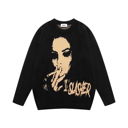 sanyamk Women Character Letter Print Crew Neck Autumn and Winter Pullover Sweaters Mens High Street Solid Color Retro Oversized Clothes